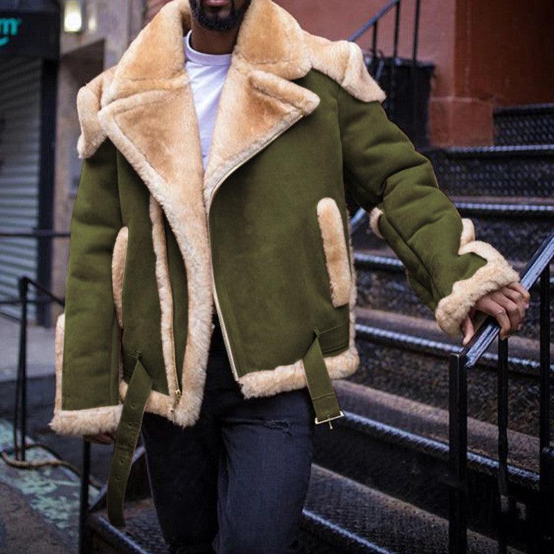 Men's padded jacket in olive green with tan sherpa shearling collar and cuffs