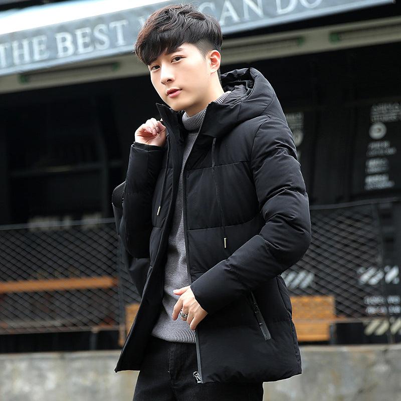 Men's hooded puffer coat, black, zip front and side pockets