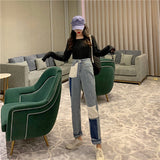 Straight pants stitching loose denim women - WOMONA.COM