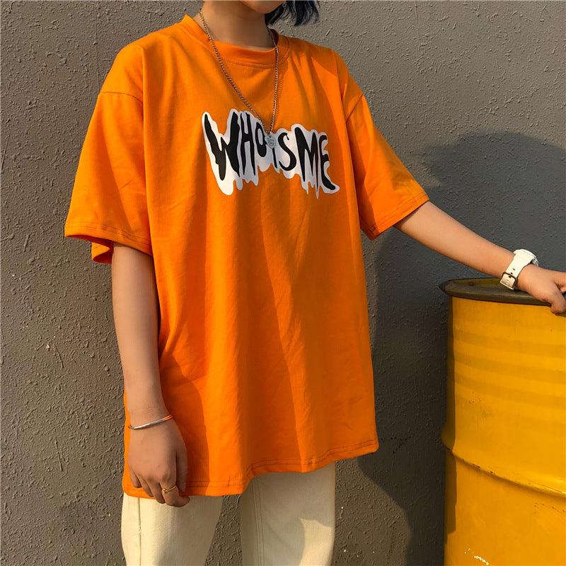 Men's orange graphic T-shirt with white/black chest print, crew neck