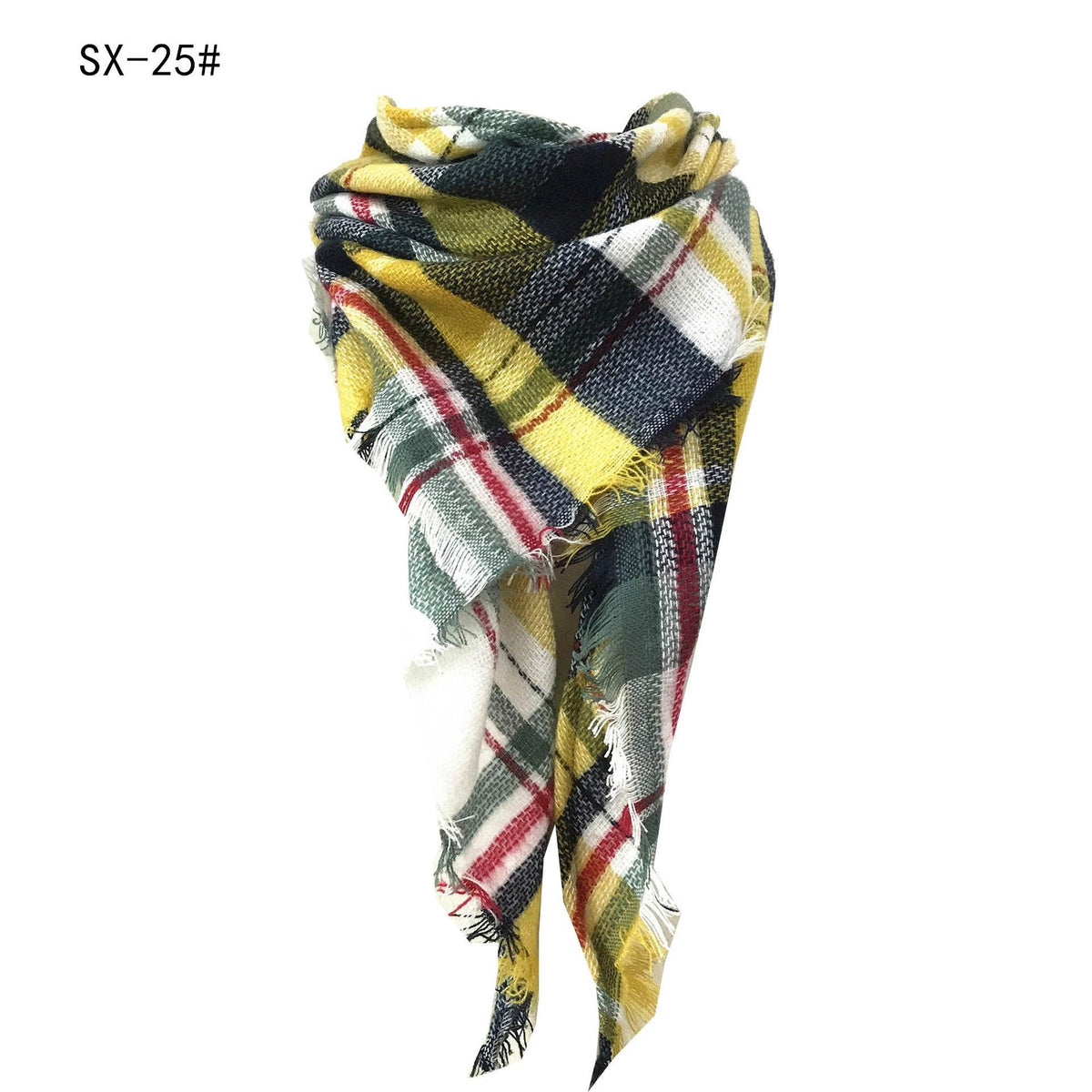 Plaid square scarf in dark navy, yellow, red, and green with fringed edges