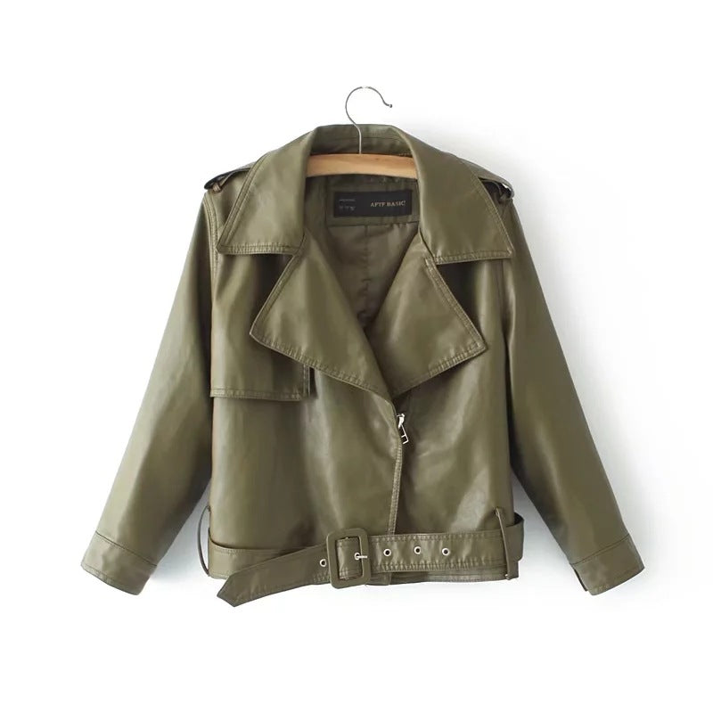 nine-point sleeve PU leather jacket - WOMONA.COM