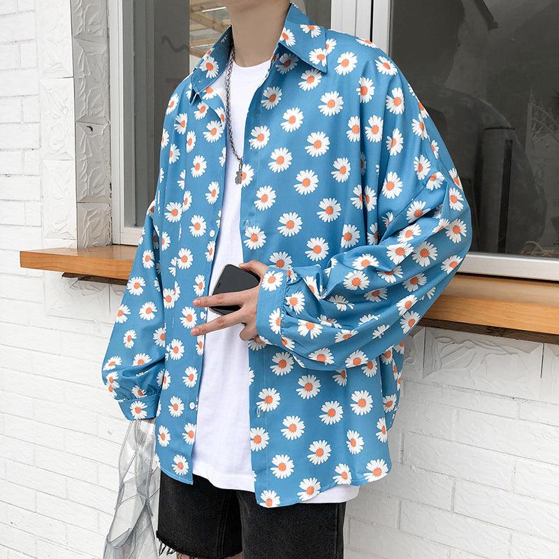 Men's blue daisy-print button-up shirt with long sleeves