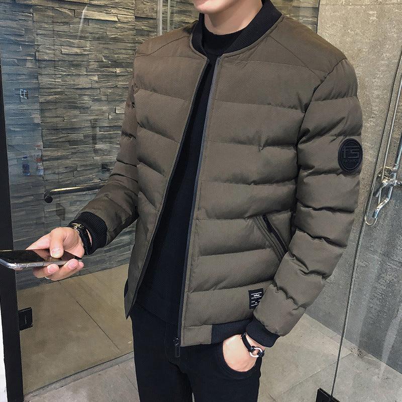 Dark olive men's stand collar down jacket, full-zip quilted puffer.