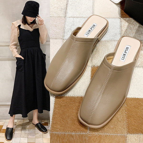 Women's Low Heel Baotou Soft Leather Sandals - WOMONA.COM