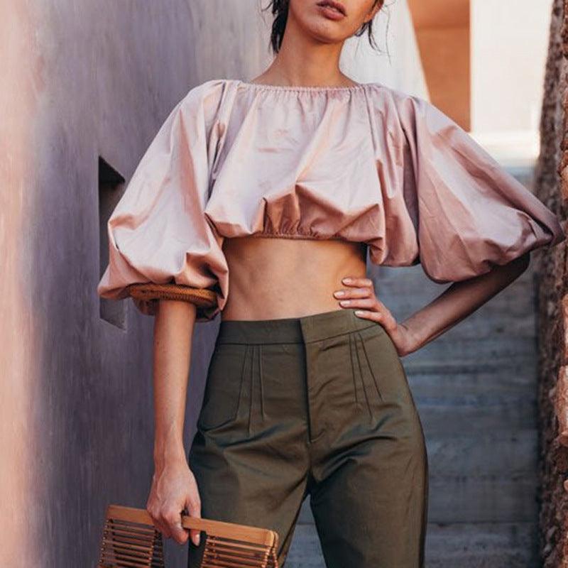 Lantern sleeve short shirt top - WOMONA.COM