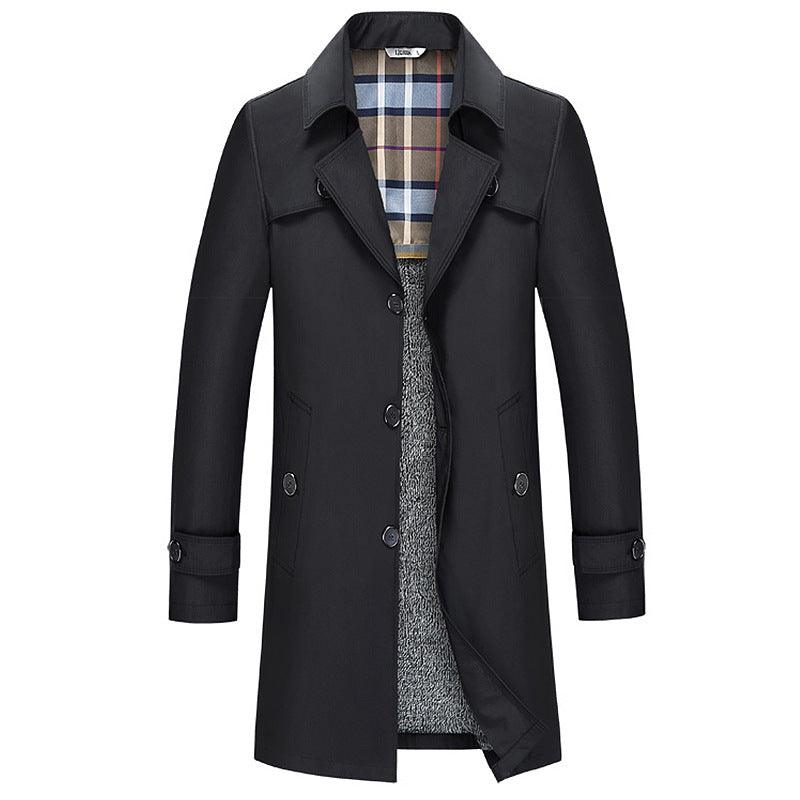 Long plush trench coat in black, button front, flap pockets, plaid-lined collar.