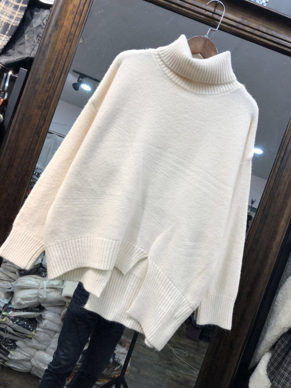 Turtleneck Cut Slit Sweater - WOMONA.COM