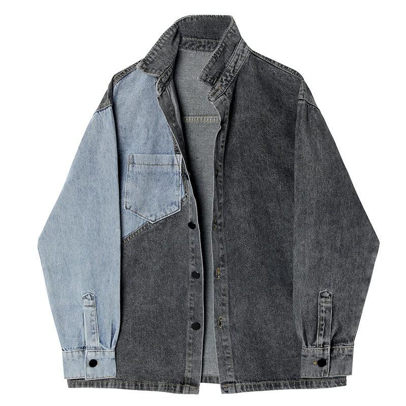 Two-tone long-sleeved denim jacket with button front, stand collar, and chest pocket