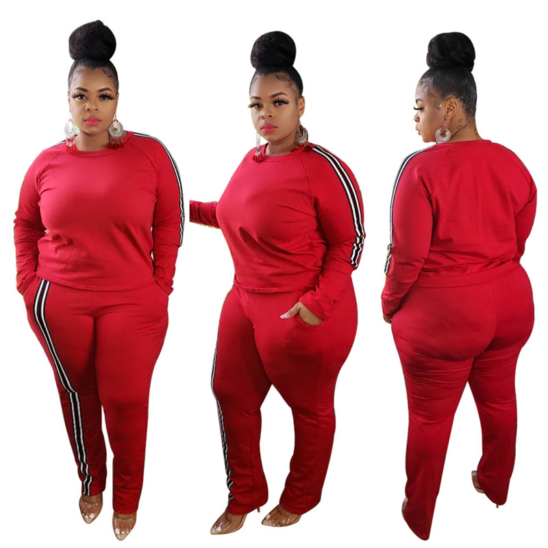 Plus Size Women Side Stripe Two Piece Set - WOMONA.COM