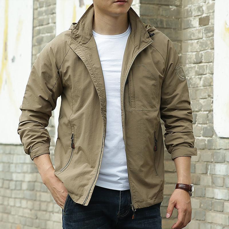 Khaki men's outdoor jacket with full-zip front and side pockets