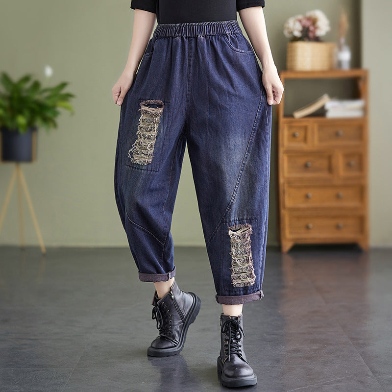 Women's Literary Plus Size Ripped Denim Harem Pants - WOMONA.COM