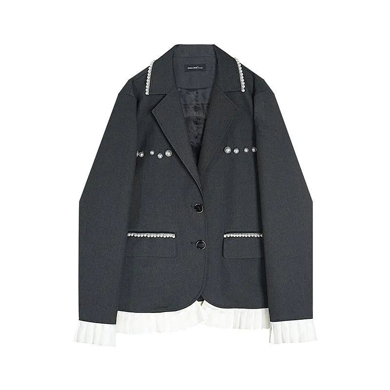 Dark long-sleeve loose jacket with pearl button accents and white ruffle trim at cuffs