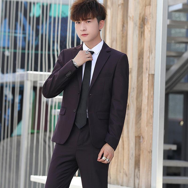 Men's dark maroon single-breasted blazer with matching vest and trousers