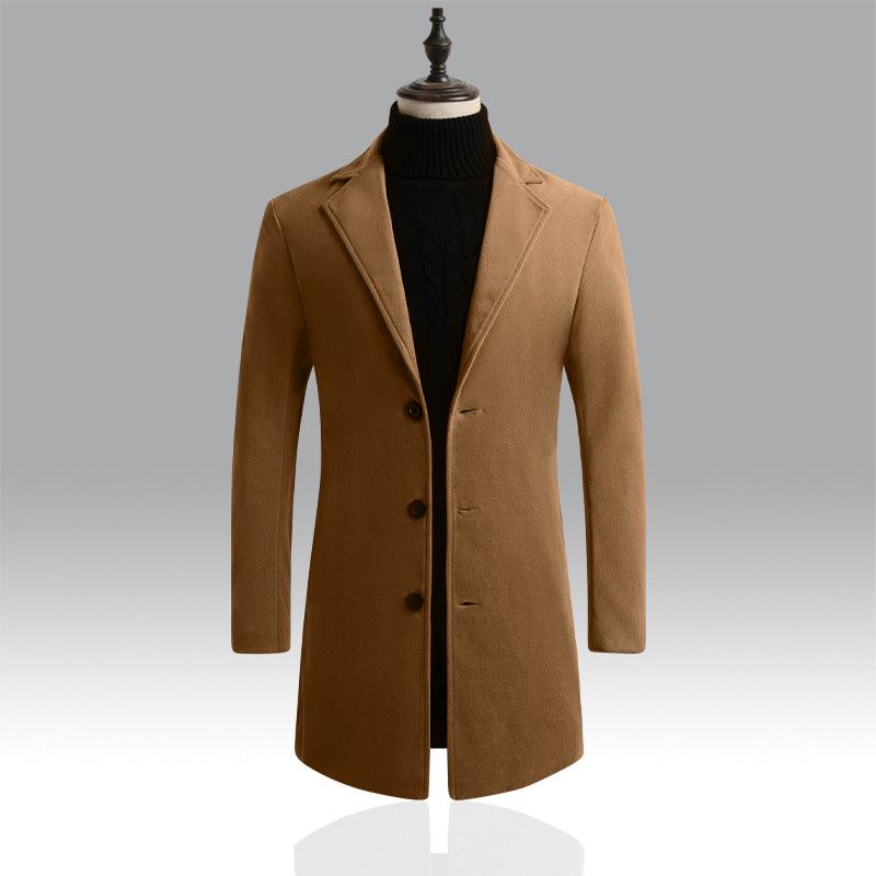 Men's long trench coat in khaki brown, notched lapels, button front.