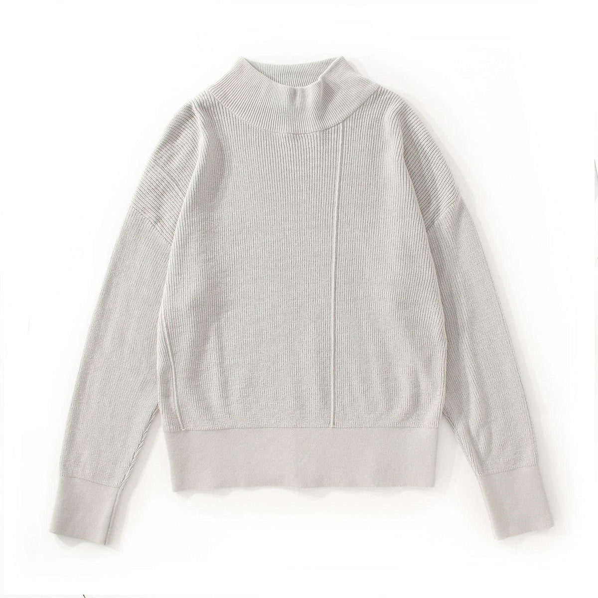 Light gray mock-neck knit pullover sweater with long sleeves and front seam detail