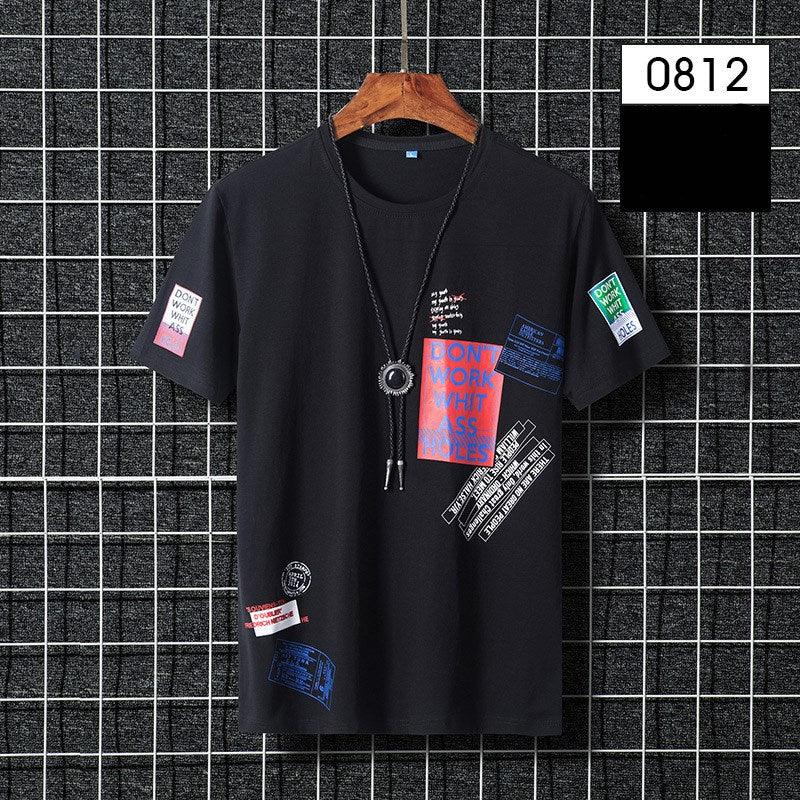 Men's black round-neck T-shirt with multicolor graphic patches and pendant-style print