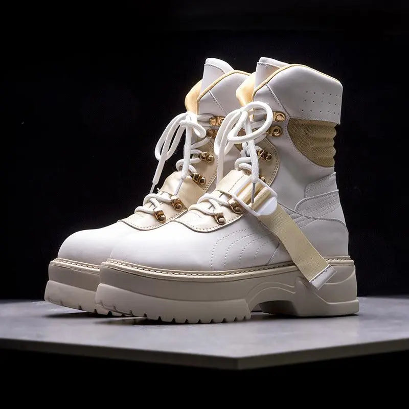 Korean Martin-style boots, white leather-look with beige strap and lace-up front