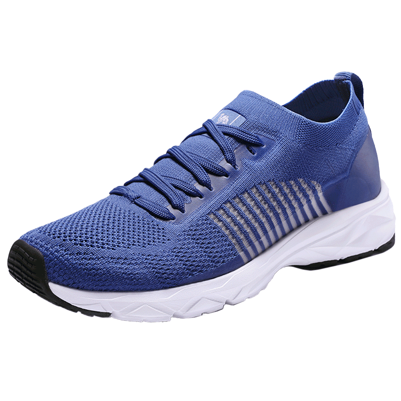 Blue knit lace-up sneaker with striped side detail and white cushioned sole