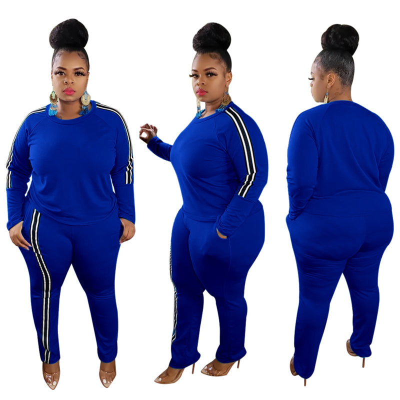 Plus Size Women Side Stripe Two Piece Set - WOMONA.COM