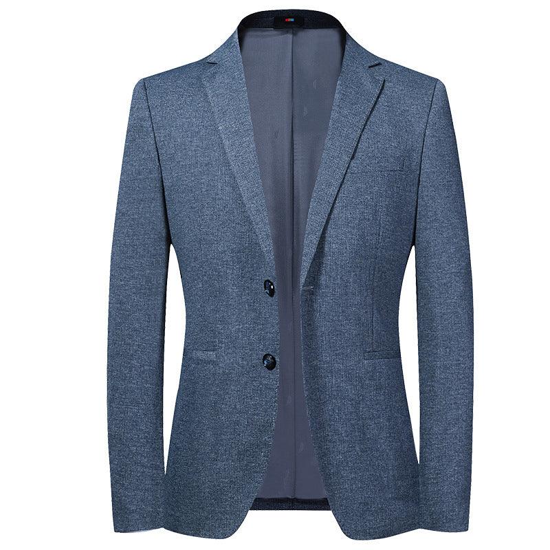 Men's blue knitted stretch blazer front view with notched lapels and inner lining