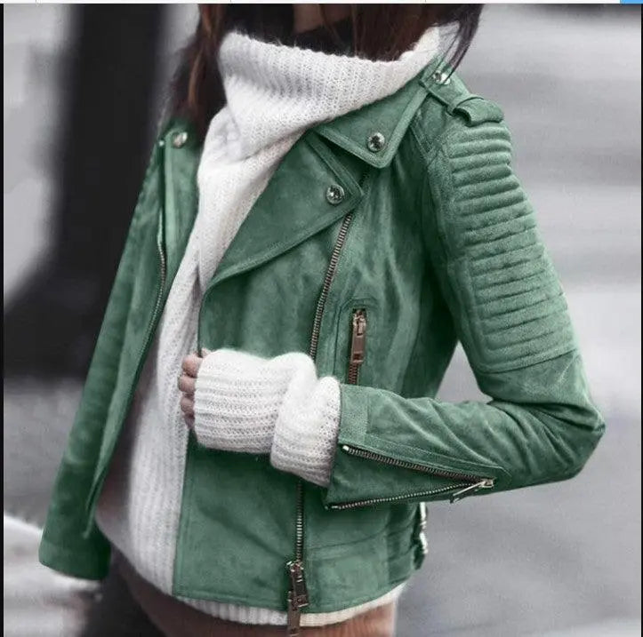 Green jacket with white knit collar, zip pocket, and snap-button shoulder tabs