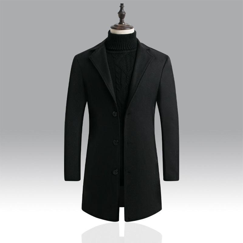 Men's black long trench coat with notch lapels, button front, and side pockets