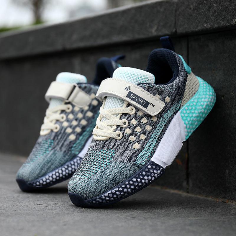 Women's cushioned knit sneakers, teal and navy with white sole and lace-up strap