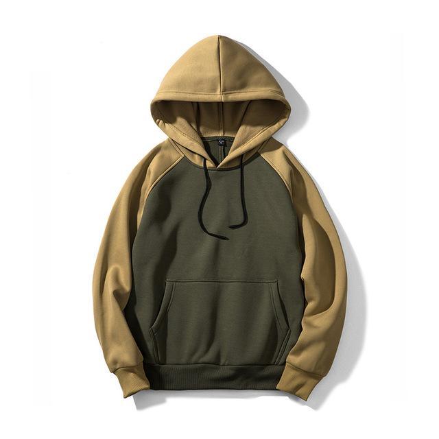 Two-tone hoodie: khaki hood and sleeves over olive/army green body; kangaroo pocket.