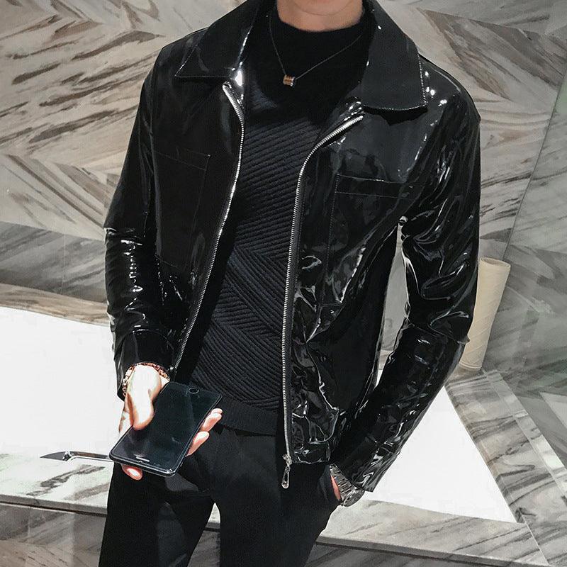 Black PU leather lapel jacket with stand collar, zipper front, chest pocket detail.