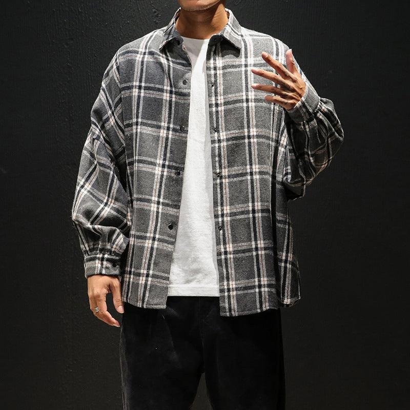 Men's grey plaid long-sleeve button-up shirt with button front and chest pocket