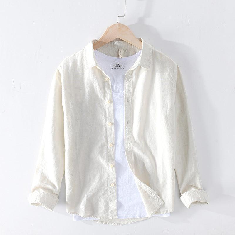 Men’s cotton-linen button-up shirt in off-white, long sleeves, collared placket