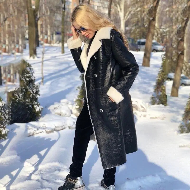 long and wide plush leather coat - WOMONA.COM