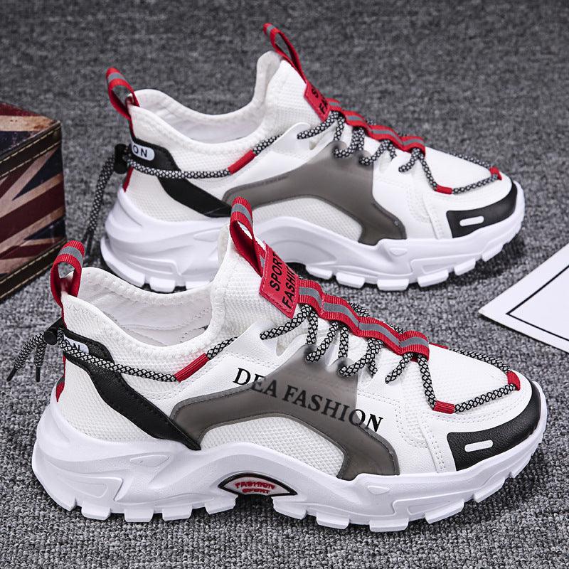 White and black chunky luminous sneakers with red laces and side accents