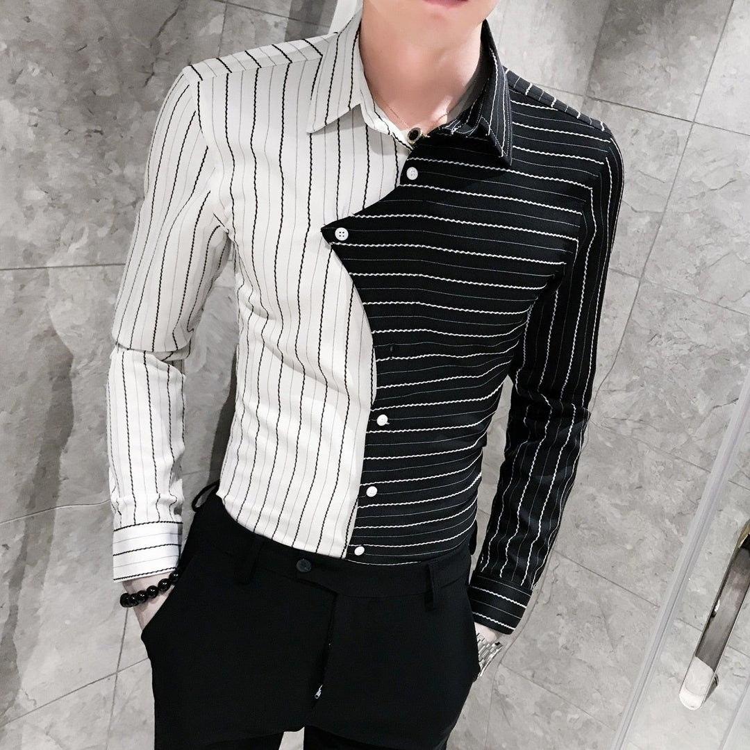 Men's contrast pinstripe button shirt with black and white panels, chest pocket design
