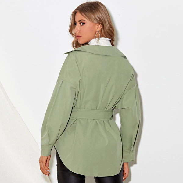 Solid Color Shirt Jacket - WOMONA.COM