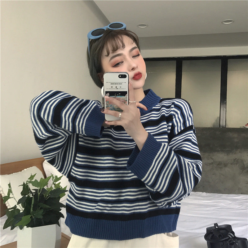 Retro striped short sweater - WOMONA.COM