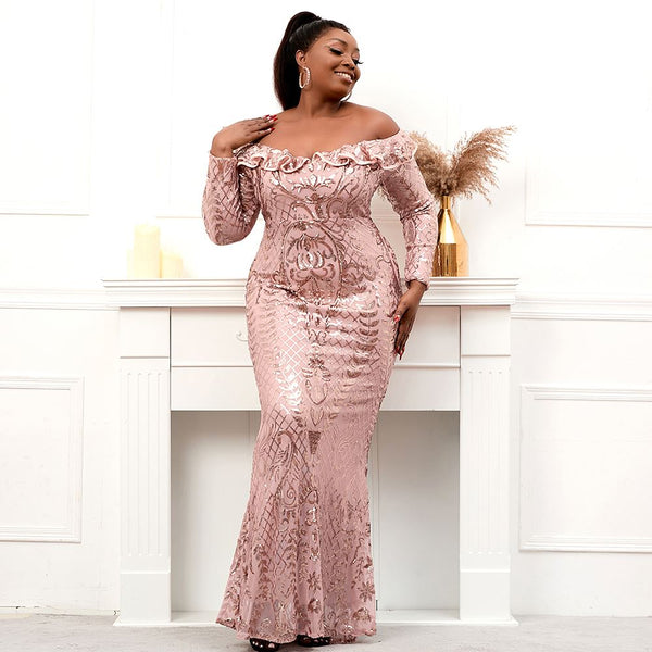 Plus Size Women Long Sve Bla GoSequin Evening Dress Ele - WOMONA.COM