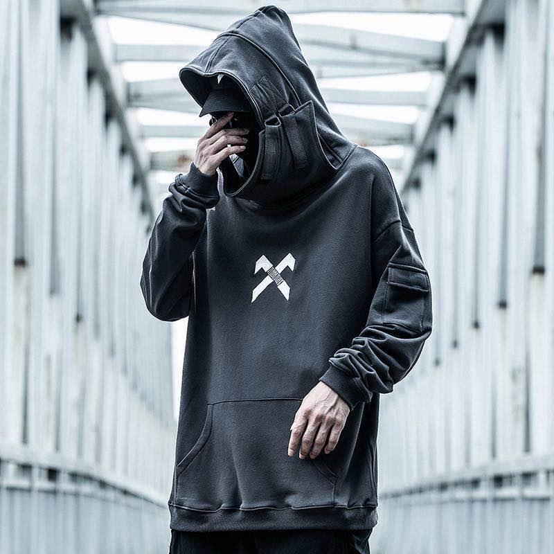 High-collar hooded sweatshirt, charcoal, logo graphic on chest and front pocket.