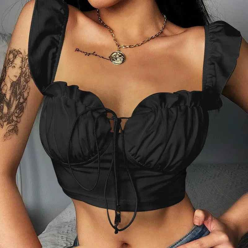 vest lace drawstring top - WOMONA.COM