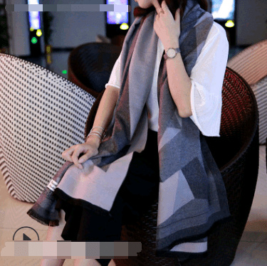 Wool cashmere scarf shawl in blue-gray geometric pattern, fringed ends