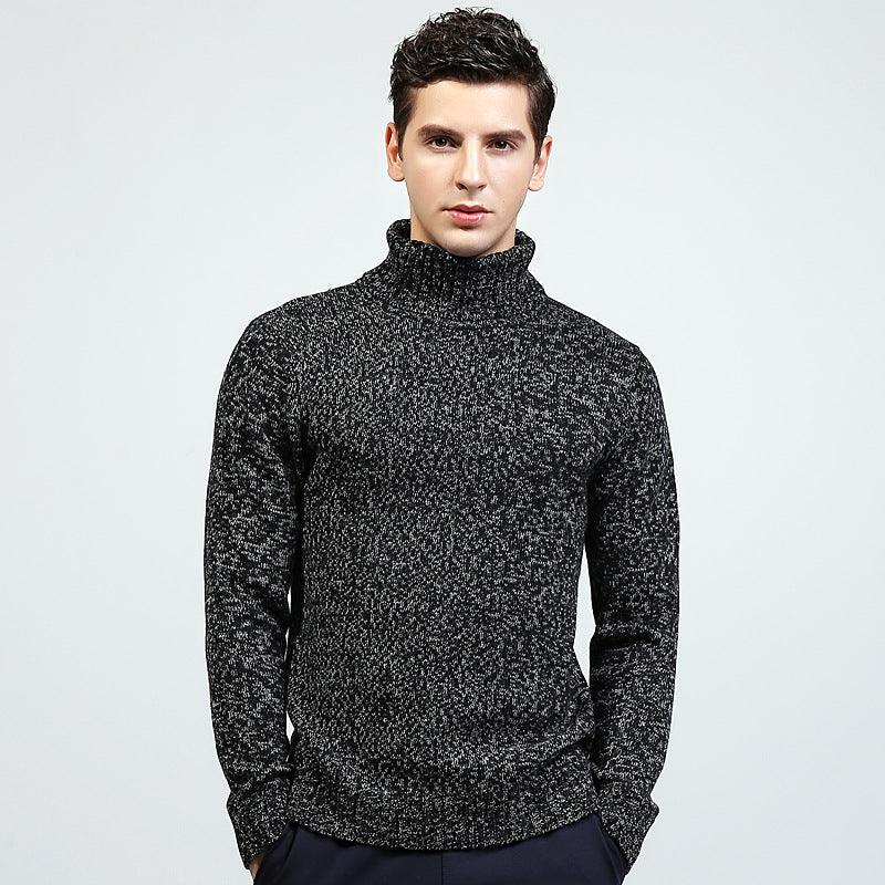 Men's black speckle knit turtleneck sweater, ribbed collar and long sleeves
