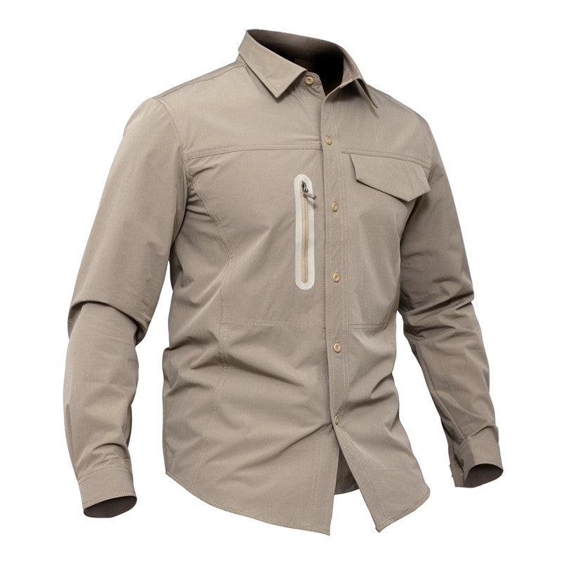 Men's khaki tactical quick-dry button-up shirt with chest flap pocket and long sleeves