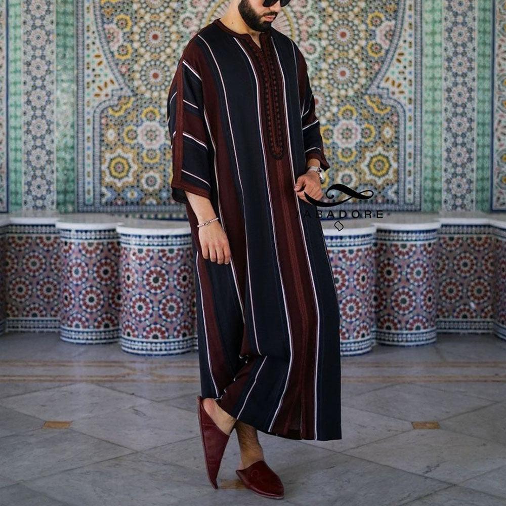 Men's long robe jacket with dark navy and brown vertical stripes, V-neck, side slit