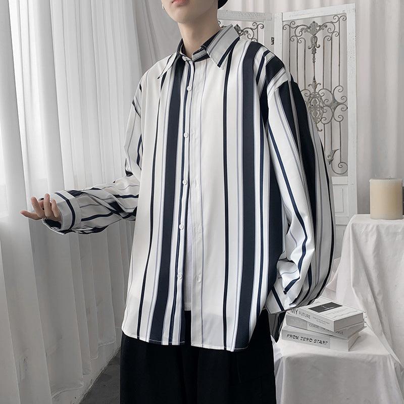 Men's retro striped shirt, front view, vertical green and dark blue stripes, button-front long sleeves