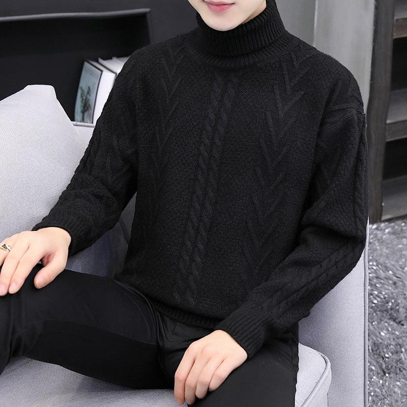 Black cable-knit high-neck sweater with ribbed collar and long sleeves