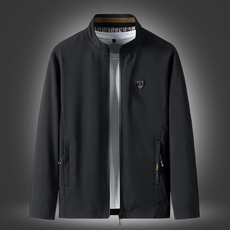 Men's black cotton jacket, full-zip front with stand collar and chest logo patch.