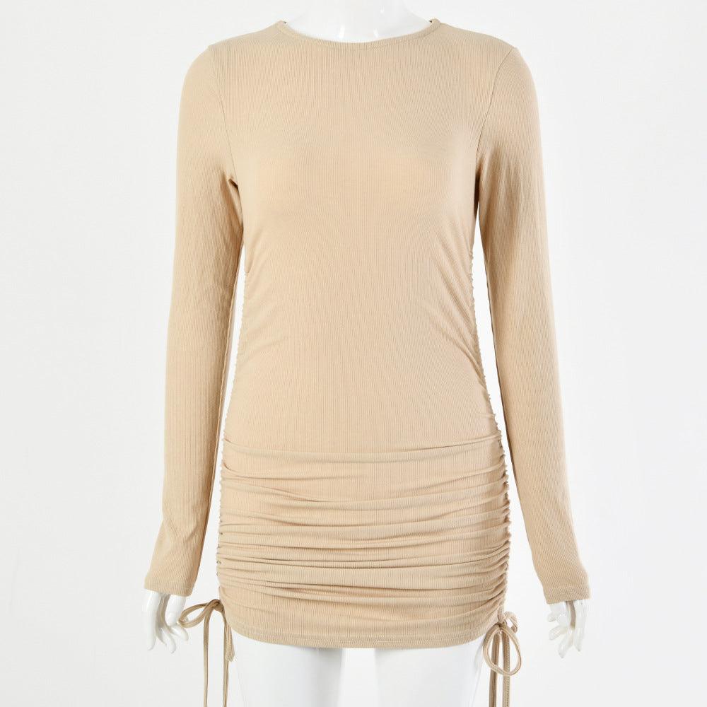 Long Sleeve Drawstring Dress - WOMONA.COM