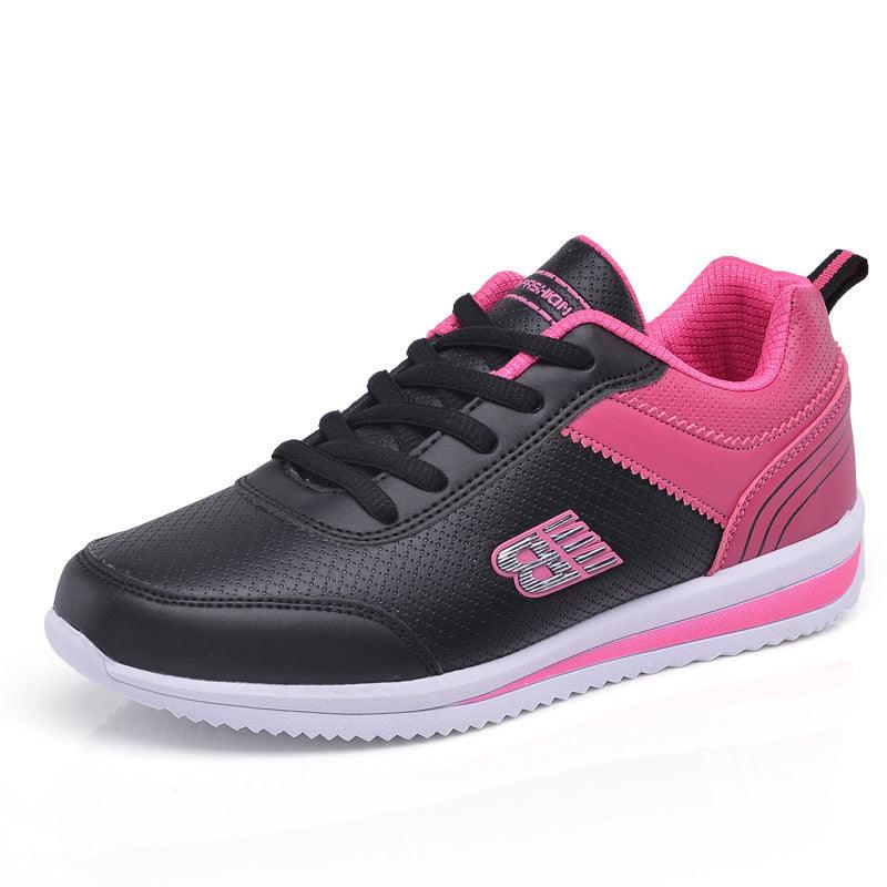 Women’s leather lace-up student sneakers, black with hot pink accents and logo