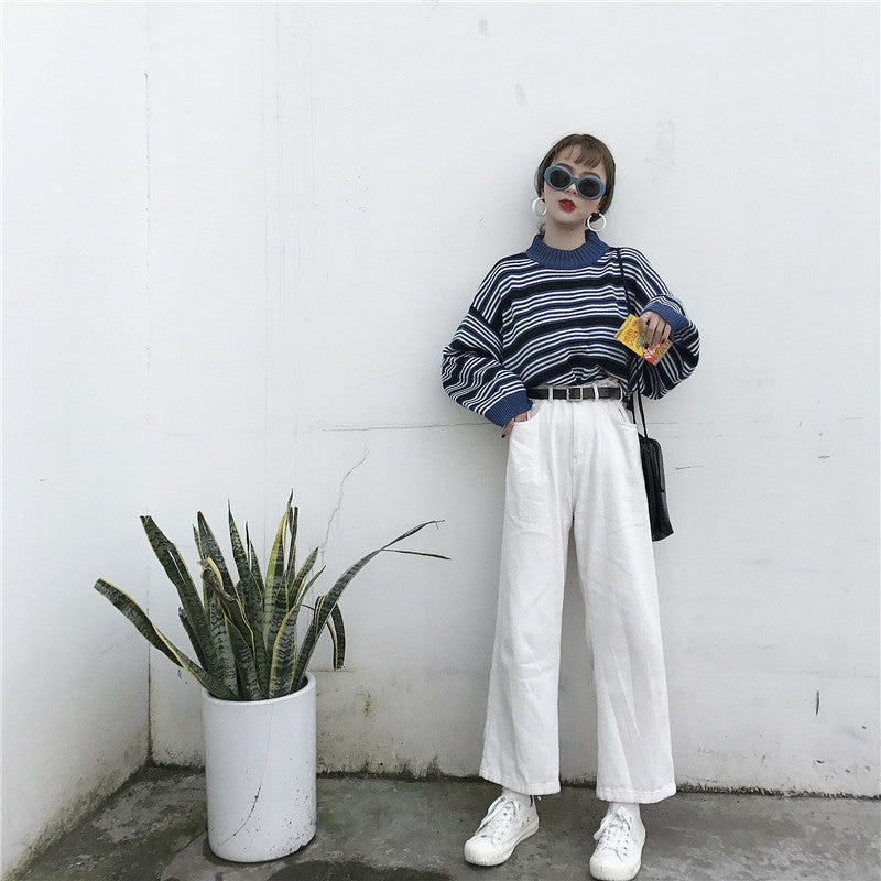 Retro striped short sweater - WOMONA.COM